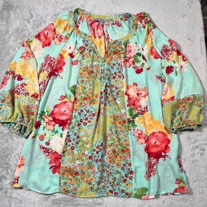 Valerie Stevens Tunic Womens XL Floral Sea Foam Green Prairie Boho Fairy Cottage